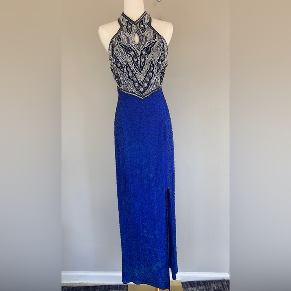 VTG LAURENCE KAZAR 90s 100% Silk Beaded Halter Gown Prom Formal Maxi Dress Sz S - Picture 3 of 16